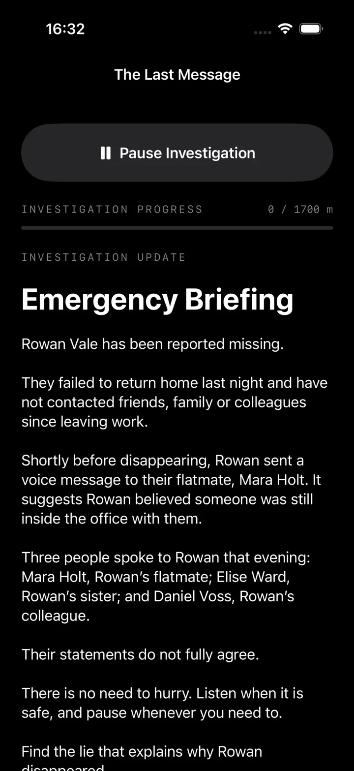 The Missing Walk active investigation screen for The Last Message, showing walking progress and the opening emergency briefing.